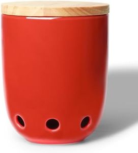 LEETOYI Ceramic Garlic Keeper for Counter, Garlic Holder with Wood Lid, Garlic Container for Kitchen, Garlic Saver to Keep Your Garlic Cloves Fresh Longer (Red)