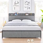 GarveeHome King Size Bed Frame with 2 Drawers and Shelf Headboard, Charging Station with USB Port & Outlets, Upholstered Heavy Duty Platform Bed with Storage, No Box Spring Needed, Light Grey