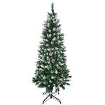 HOMCOM 5 Ft Snow Artificial Christmas Tree with Realistic Branches, Pine Cone, for Indoor Decoration, Green White