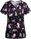 Christmas Scrub Tops Women Cute V-Neck Short Sleeve Santa Claus Snowman Xmas Printed Holiday Nurse Working Uniforms, Xmas-03, Medium