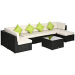 Outsunny 8 Pieces PE Rattan Corner Sofa Set, Outdoor Garden Furniture Set, Patio Wicker Sofa Seater w/Cushion, Washable Cushion Cover & Tempered Glass Table, Black