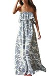 ZMPSIISA Women's Summer Off The Shoulder Maxi Dress Ruffle Strapless Blue White Porcelain Boho Casual Loose Long Dress, Blue/White, L