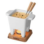 BOSKA Tapas Fondue Set Bianco/Mini Cheese Fondue Sets/Fondue for 6.1 oz of Melted Cheese/White Ceramic Base/Incl. 2 Wooden Fondue Forks/On Tea Light