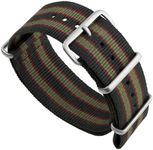 Geckota Vintage Bond 1973 British Military Nylon Mens Replacement Watch Strap. Dark Blue, Red and Olive Green Stripes. Rugged, Quick-Drying and Secure Wristwatch Strap. Satin Buckle, 20 mm