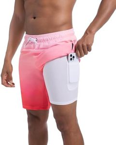 difficort Mens Swimming Trunks with Compression Liner Quick Dry Board Shorts Swimsuit with Zipper Pockets,Pink Gradient,XX-Large