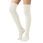 SherryDC Women's Cable Knit Thigh High Boot Socks Extra Long Winter Stockings Leg Warmers, 1 - White, One Size