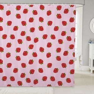 Feelyou Strawberry Bathroom Shower Curtain Set Girls Pink Cute Fruit Print Shower Curtain Kids Teens Strawberries Stripes Bath Curtain Polyester Stalls Waterproof Curtain Bathtubs Decor 72"x84"