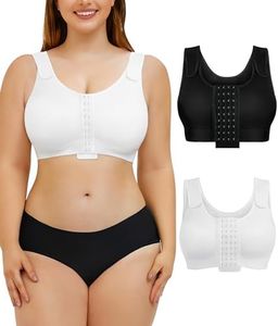 BRABIC Front Closure Compression Everyday Bra for Women Post Surgery Support with Adjustable Straps Wirefree, Black+white, Small