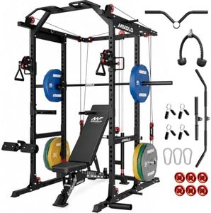 Mikolo K6 2.0 Power Cage, Power Rack with Cable Crossover System, 2000LBS Squat Rack with LAT Pull Down System, Functional Trainer with Aluminum Pulley System for Home Gym, Black, 230LB Color Weights