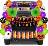 Roberly Trunk or Treat Decorations Kit for Car SUV, Happy Halloween Themed with Banner, Paper Fans, Balloons, Light, Tassel and Pumpkin Bat Ghost Sticker for Halloween Door Garage Car Decor