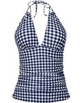 Yonique Women's Halter Tankini Top No Bottom V Neck Swim Top Tummy Control Bathing Suit Top, Black and White Plaid, Medium