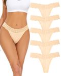 VOENXE Seamless Lace Thongs for Women,No Show Ladies Knickers Underwear,Lady Breathable Thong,No VPL Comfortable Panties Soft Laser Cut Undie Tanga,5-Pack Nude