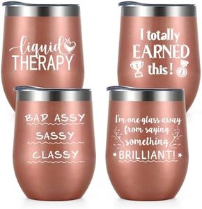 LiqCool Wine Tumbler Set of 4, Liquid Therapy 12 Oz Wine Tumbler, Funny Wine Tumbler with Sayings for Women Wife Girlfriends Wine Lovers, Christmas Birthday Gifts for Girls Party/Weekend (Rose Gold)