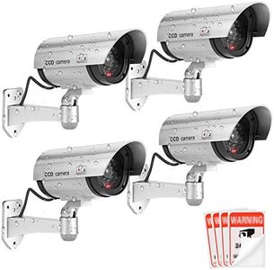 FITNATE Fake Camera, Dummy Camera CCTV Surveillance System with LED Red Flashing Light with 4 Safety Warning Stickers, Fake Security Camera for Outdoor & Indoor Use (4 Packs, Silver)