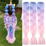 VCKOVCKO Pink Jumbo Braid Crochet Braids Hair Extension Three Tone Ombre Color Rainbow Jumbo Braiding For Twist Braiding,Jumbo Box Braiding Hair 24",3 Bundles/Lot,Blue-Light purple-Pink …