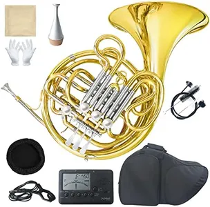 Double French Horn F/Bb 4 Keys,Gold Lacquer French Horn Intermediate with French Horn Case, Mouthpiece,Gloves,Cleaning Cloth,Brush,Tuner and French Horn Mute Silencer (Gold)