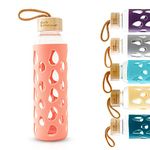 The Better Home Borosilicate Glass Water Bottle with Sleeve (550ml) | Non Slip Silicon Sleeve & Bamboo Lid | Water Bottles for Fridge (1Pcs - Coral)