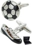 COLLAR AND CUFFS LONDON - PREMIUM Cufflinks WITH GIFT BOX - Soccer Ball and Boot - Solid Brass - Sport Fan Match Game Round Football - Silver & Black Colours