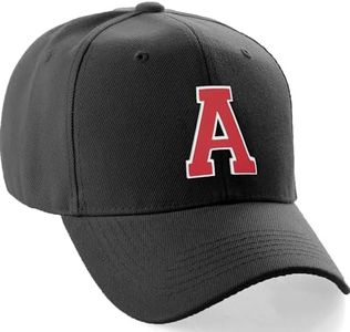 Classic Baseball Hat Custom A to Z Initial Team Letter, Black Cap White Red Letter A