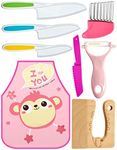 8PCS Kids Knife Set, Plastic Kids Knife Safe for Cutting Veggies Fruits,Kids Kitchen Knives Set Include 4 Plastic Toddler Safe Knives/Crinkle Cutter/Kids Cutting Wooden Board/Y-Peeler/Apron (PK)