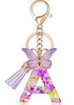 riKRishnaya Artworks All A-Z Heart Glitter Resin Handmade Keychain with Butterfly, Tassel Charm, Golden Lobester Clasp for Girls Boys Car Bag Purse gift (Purple A)