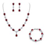 EleQueen Women's Silver-Tone Cubic Zirconia Teardrop Flower Bridal V-Necklace Set Tennis Bracelet Dangle Earrings Ruby Color