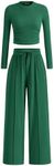 PRETTYGARDEN Women's 2 Piece Loungewear Long Sleeve Crop Top Wide Leg Palazzo Pants Set Tracksuits Casual Outfit (Green,XX-Large)