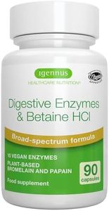 Enzimas Digestivas con Betaína HCl y Bromelina, 10 Enzimas Veganas que Incluyen Papaína y Lipasa, Clorhidrato de Betaína, Suplemento de Etiqueta Limpia, 90 Cápsulas, de Igennus