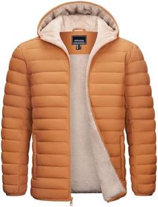 Cotrasen Mens Puffer Jacket with Hood Warm Hooded Winter Coat Outdoor Sherpa Fleece Lined Bubble Jacket Brown S