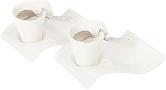 New Wave Square Espresso Cup Set of 2 by Villeroy & Boch - High-Quality Vitrified Porcelain - Made in Germany - Dishwasher and Microwave Safe - Includes Cup, Spoon, Saucer - 2.75 Ounce Capacity,White