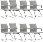 DM Furniture Office Desk Chair Set of 8,No Wheels PU Leather Computer Chairs Mid Back Guest Chairs with Seld Base for School/Reception/Conference/Waiting Room,Grey
