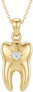 Tooth Necklace for Women, Sparkling Dentist and Dental Hygienist Jewelry | 925 Sterling Silver, 14K Gold Plating, Heart-Shaped 5A CZ, Petite Molar Design For Dentists, Hygienists, Dental Students