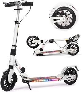 H.yeed Kick Scooter for Teens & Adults, 200mm Big Wheels Foldable Scooter for Kids Ages 8-12, Adult Scooters with LED Light-Up Deck, 4-Height Adjustable, Disc Brakes (White-L)