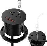 Kungfuking Desktop Power Grommet, Fast Charging Port 35W USB C, Flush Mount Recessed Outlet 3inch Hole, 1 Data Transfer,2 Outlets,4 USB Ports, Countertop Nightstand Power Strip (Black, 6FT Power Cord)