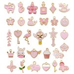 TecoKart Metal Charms For Bracelet Making - Rabbit, Cat, Flower, Heart, Magic Wand, Sheep - Pink Pendants For Jewellery Making - 30 Pcs Diy Kit