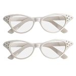 2 Pack Cat Eye Retro Costume Dress Up Hip Hop Rhinestone Glasses, Cat Eye Eyeglasses for Halloween Christmas (White)