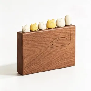 ChayWillow Cat-Shaped Fruit Fork Set with Solid Wood Storage Base