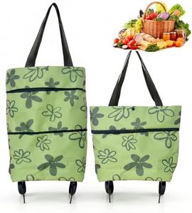 2-in-1 Foldable Shopping Cart Grocery Shopping Tote Bag, Green flower