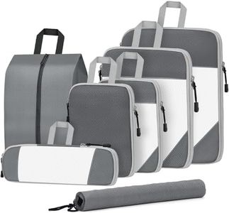 SYCARON Compression Packing Cubes for Travel, 7 Piece Travel Mesh Packing Cubes Organizers Bags Luggage for Carry on Luggage with Laundry Bag, Shoes Bag, Clothing Bag, Grey