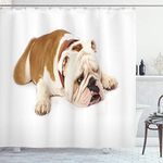 ABAKUHAUS English Bulldog Shower Curtain, Sad and Tired Bulldog Laying down European Pure Breed Animal Photography, Cloth Fabric Bathroom Decor Set with Hooks, 78 Inches, Cream Brown