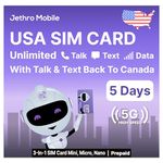 USA SIM Card, Unlimited Call/Text/Data (Uses T-Mobile) 5G/4G LTE High-Speed Coverage, Quick Activation, Unlimited Calling to Canada, Jethro Mobile Prepaid US SIM Card for Canadian Traveler (5 Days)