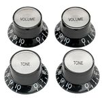 Musiclily Pro Metric Size 18 Spline Top Hat Bell Reflector 2 Volume 2 Tone Knobs Set for Epiphone Les Paul SG Electric Guitar Asia Import Guitar Bass Split Shaft Pots, Black with Silver Top