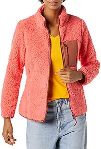 Amazon Essentials Women's Sherpa Long-Sleeve Mock Neck Full-Zip Jacket with Woven Trim (Available in Plus Size), Brown Coral Pink Color Block, Large