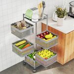 Kuber Industries Kitchen Storage Rack | 5-Tier Revolving Vegetable Rack | Square Multipurpose Storage Trolley with Wheels | Metal Fruit Rack | Silver