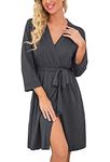 PrinStory Women Robes Lightweight Dressing Gowns Soft Kimono Robes Short Sleepwear Casual Knit Bathrobe Ladies Loungewear Homewear (Dark Gray, S)