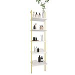 Wolawu Ladder Shelf 5 Tiers Metal Industrial Bookshelf,White Faux Marble Wood Tall Open Storage Rack and Display Shelves,Wall Mount Wide Book Case for Home Office Bedroom,Small