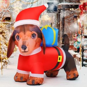 GOOSH 4FT Christmas Inflatable Dog Outdoor Decorations Blow Up Yard Dachshund Carrying Presents with Built-in LEDs for Indoor Party Garden Lawn Decor (Red)