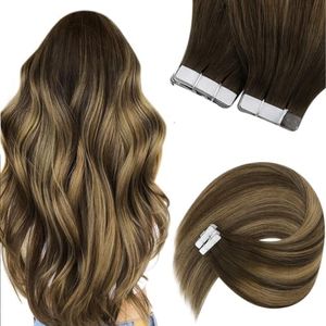 Sunny Hair Tape in Hair Extensions Real Human Hair Invisible Remy Hair Extensions Tape ins for Women Dark Brown Ombre Caramel Blonde Balayage 16 inch 20Pcs 50G