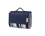 Picnic Blanket XXL 200 x 200 cm with Waterproof Backing, Outdoor Beach Blanket Waterproof Sandproof Picnic Mat, Fleece Thermo Insulated Light with Carrying Handle - Navy Stripe