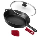 Cast Iron Skillet with Lid - 12"-Inch Frying Pan + Glass Lid + Heat-Resistant Handle Cover - Pre-Seasoned Oven Safe Cookware - Indoor/Outdoor Use - Grill, BBQ, Camping Fire, Stovetop, Induction Safe